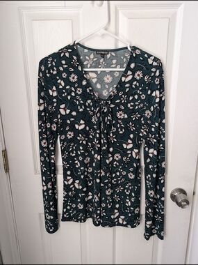 Express Teal Floral Tie-Front Long Sleeve Top